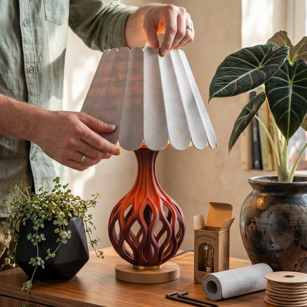 Person adjusting a lampshade on a decorative table lamp with plants and stationery items in the background.