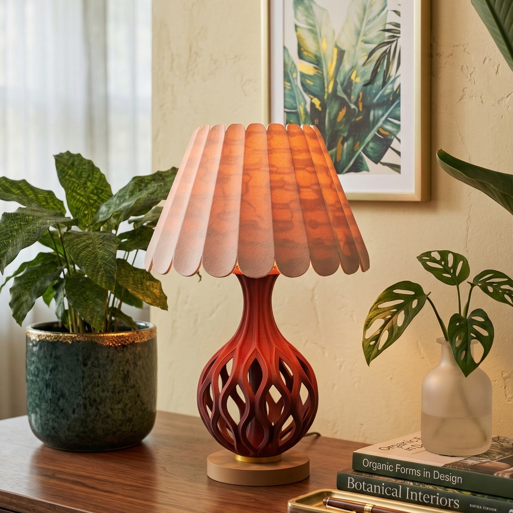 Decorative lamp with a unique design on a table with plants and books in a home setting