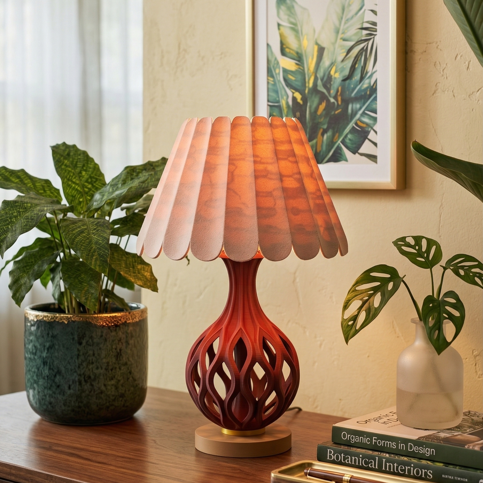 Decorative lamp with a unique design on a table with plants and books in a home setting