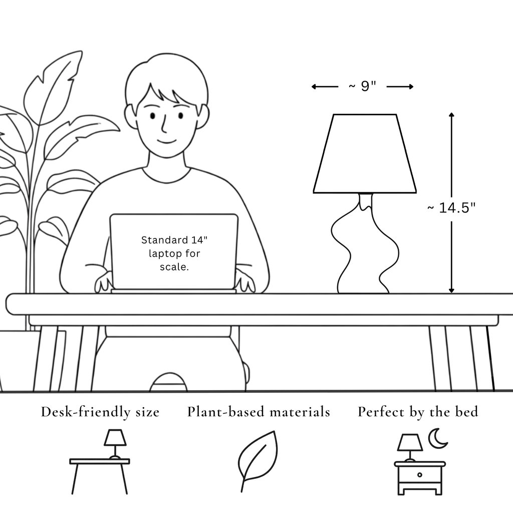 Illustration of a lamp with dimensions and usage scenarios, including a person with a laptop for scale.