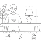 Illustration of a lamp with dimensions and usage scenarios, including a person with a laptop for scale.