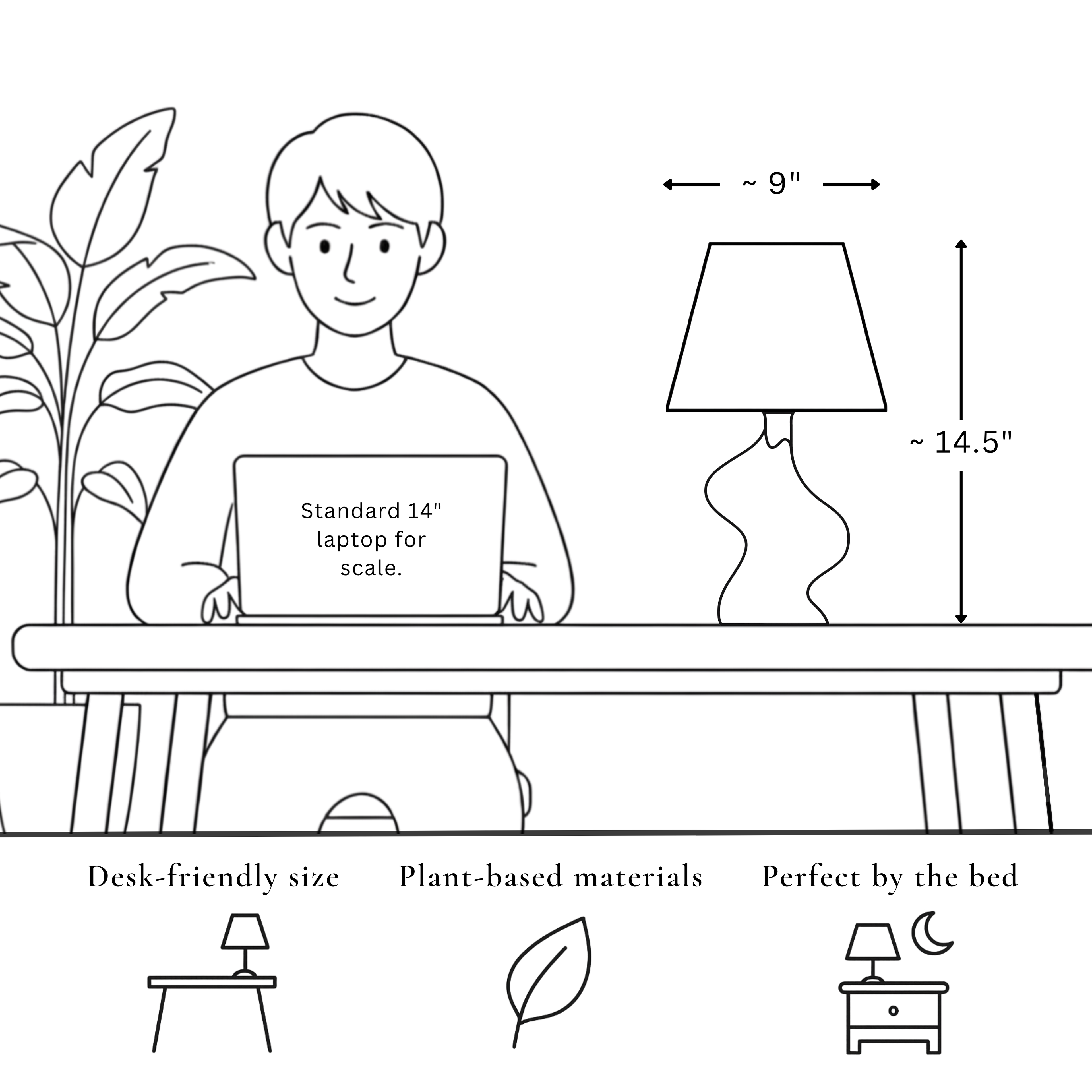 Illustration of a lamp with dimensions and usage scenarios, including a person with a laptop for scale.