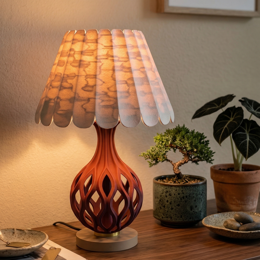 Decorative table lamp with a unique shade on a wooden surface, surrounded by plants.