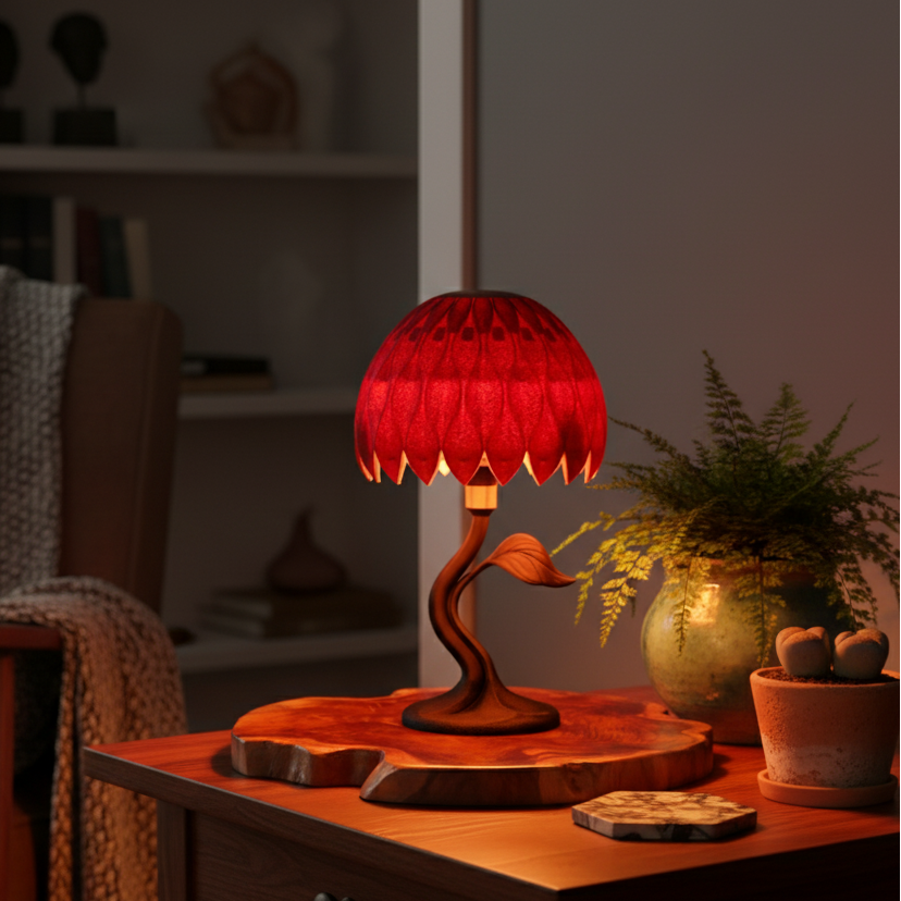 Red lamp with wooden base on a table in a cozy room setting