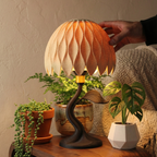 Hand holding a decorative lamp with a warm glow in a cozy indoor setting.