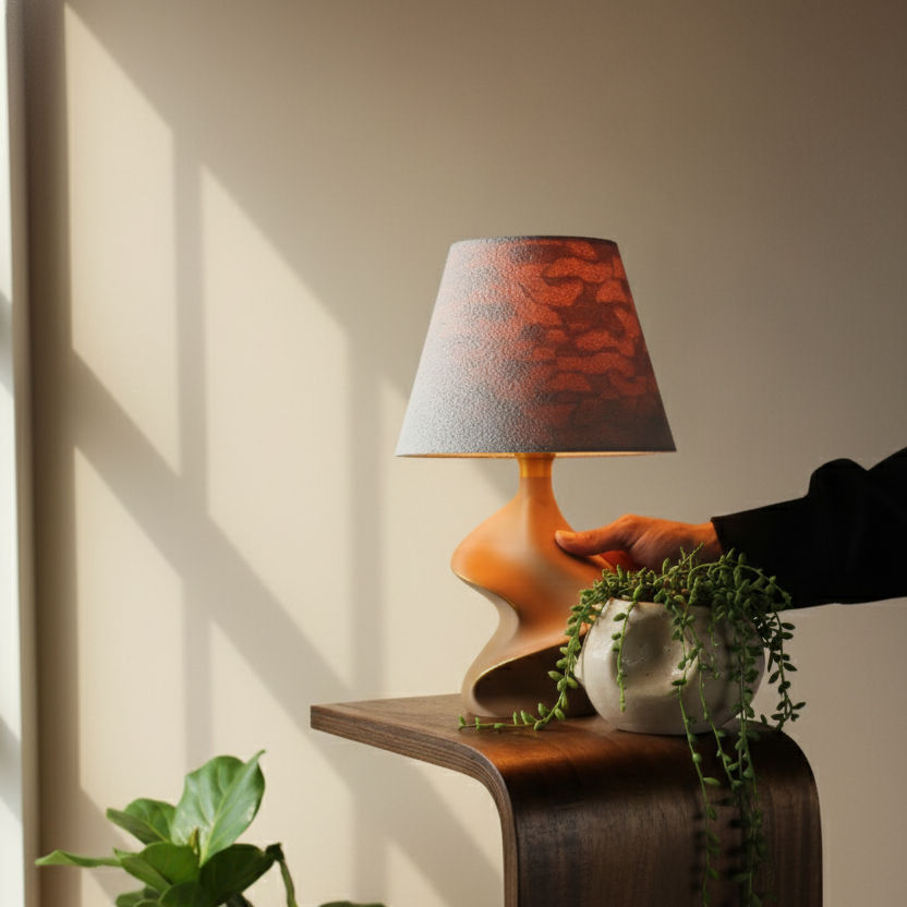 Person adjusting a lamp on a small wooden table with plants around