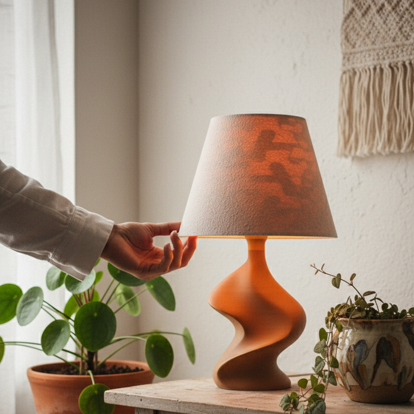 Person adjusting a lamp on a wooden table with plants around