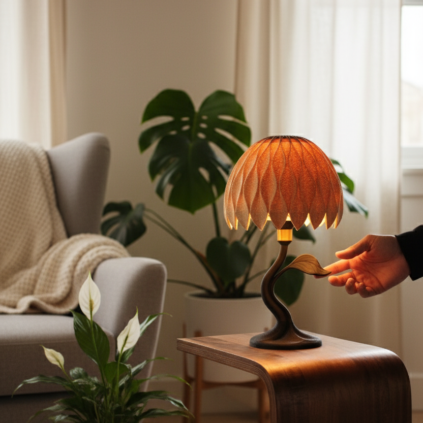 Person adjusting a lamp on a wooden table in a cozy living room.