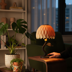 Person sitting at a table with a unique lamp in a cozy room with plants and books.