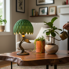 Decorative lamp with green shade on a wooden table in a living room setting.